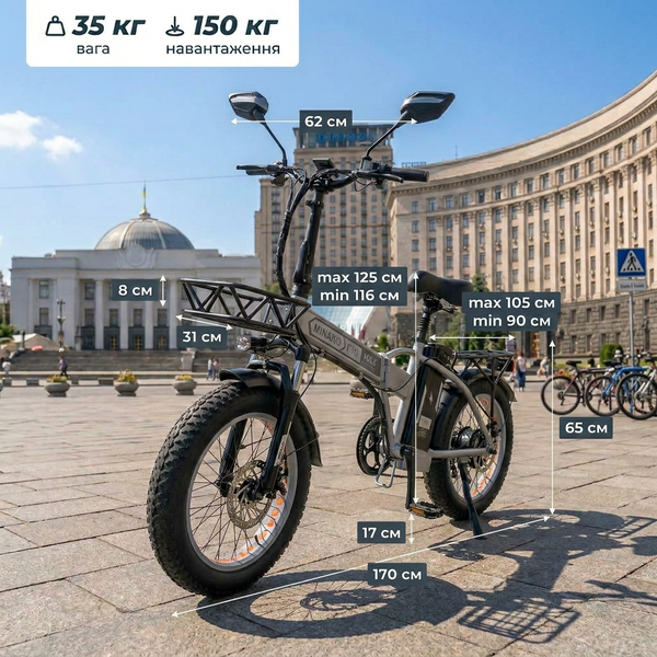 Електровелосипед MINAKO F10 PRO 2026 1200W 48V 21Ah &ndash; складаний фетбайк 20x4", PAS система, Сірий PRO5 фото