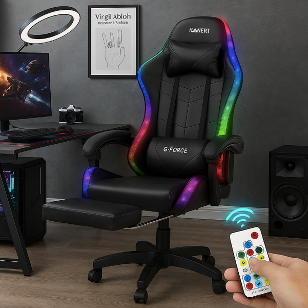Геймерське крісло Hanert G-Force Black з RGB підсвіткою та підставкою для ніг GRGB фото