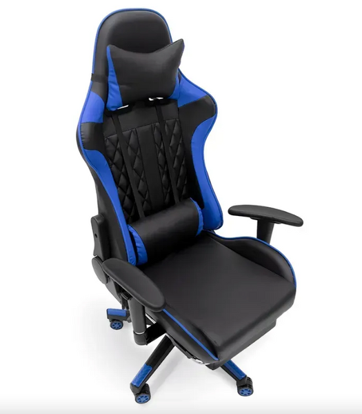 Геймерське крісло Primaveo Black/Blue з масажером, ергономічними подушками та висувною підставкою для ніг OJ9 фото